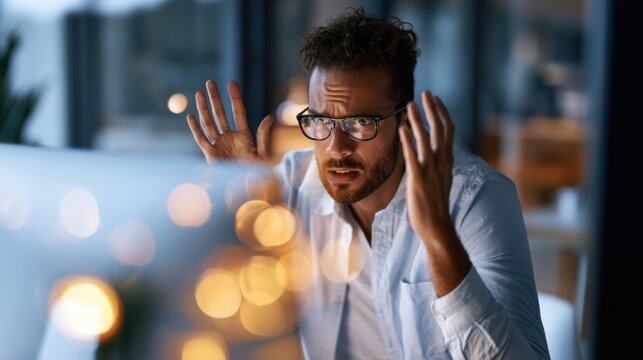 Young man wearing glasses showing frustration and confusion while working late at home in front of a computer screen surrounded by warm ambient lighting