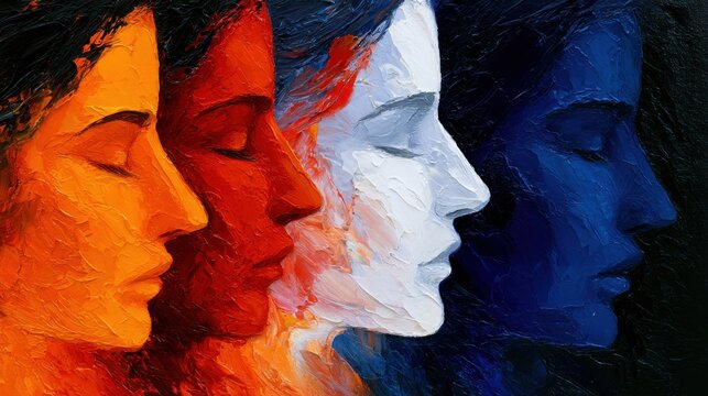 Artistic depiction of four female profiles in vibrant orange, red, white, and blue textures showcasing emotional depth and layered complexity in portraiture painting