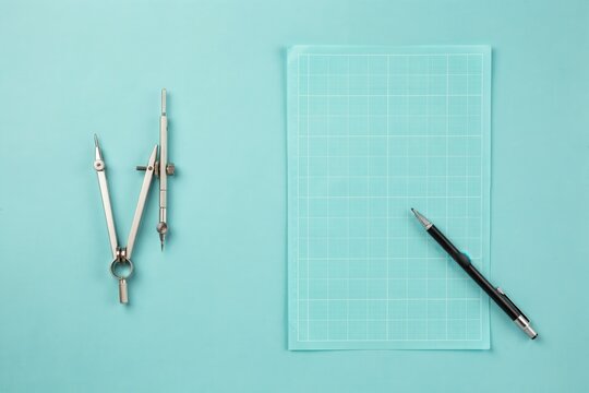Silver drafting compass, teal graph paper, and pencil on blue background for engineering, architecture, and design concept
