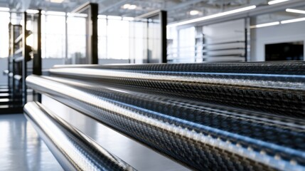Fototapeta premium Industrial manufacturing facility with large carbon fiber tubes lined up for processing and quality inspection in a modern production environment