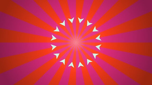 Rotating arrow circle on red pink sunburst rays