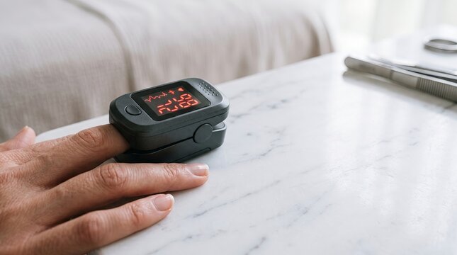 Finger pulse oximeter showing red readings on marble bedside table in soft light