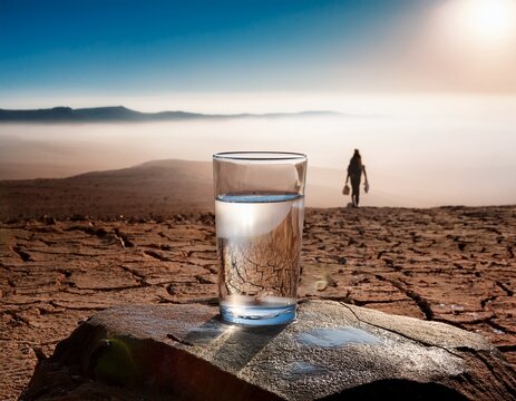glass of fresh water on a large rock in a dry cracked desert landscape with a lonely silhouette walking into the mist