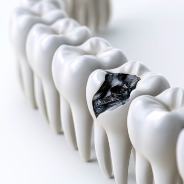 Row of realistic white molar teeth with one tooth showing a large black cavity indicating severe tooth decay and dental health issues