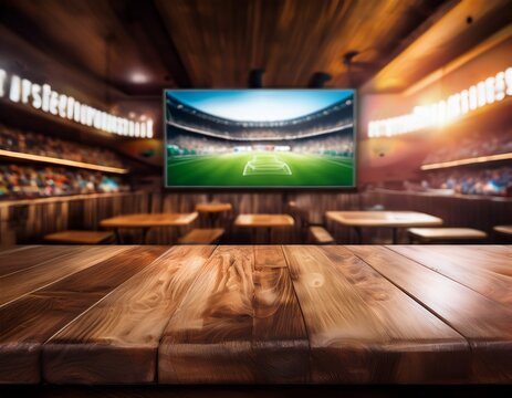 wooden table top in a sports bar with a blurred background featuring a tv screen displaying a soccer match and warm ambient lighting ai generative