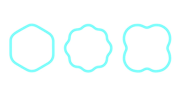 Set of three glowing neon cyan geometric frames isolated on transparent background