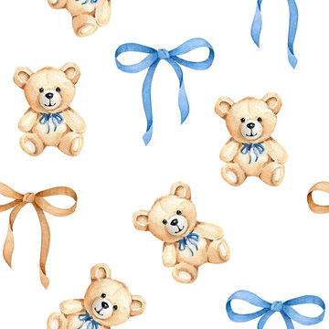 seamless pattern with teddy bear and ribbon.Baby background.Childhood