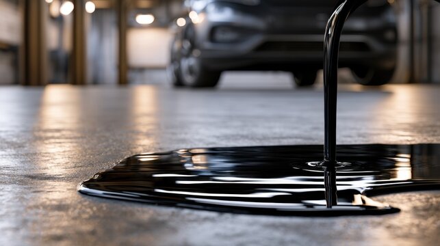 Flowing black liquid forming a reflective puddle on garage floor with blurred vehicle and soft lighting in background at dusk or night environment