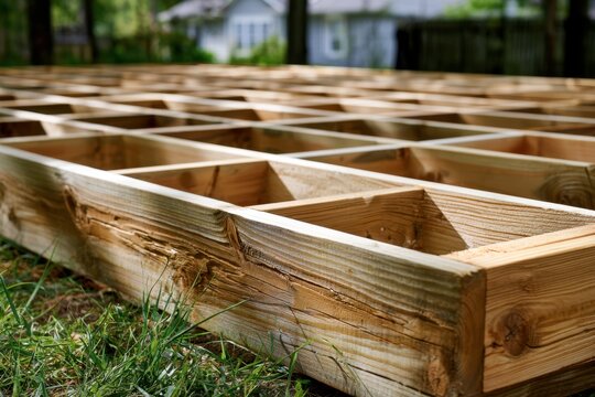 Wooden garden bed frame with a grid structure placed on grass in a backyard during daylight for landscaping and planting projects