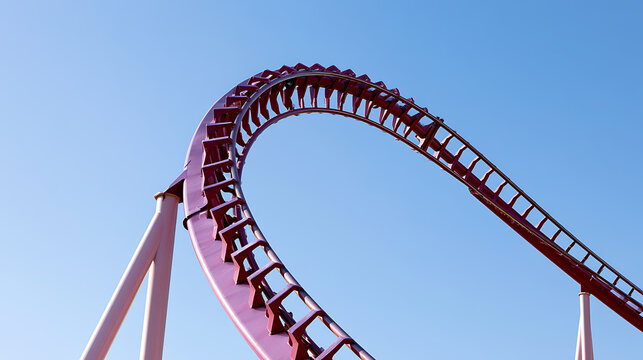 Red Roller Coaster Loop Against a Bright Blue Sky, Symbolizing Thrill, Excitement, and the Highs and Lows of Life's Adventures and Challenges