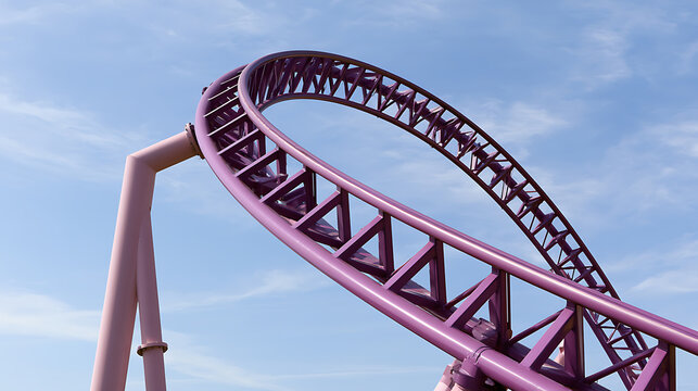 Dynamic Purple Roller Coaster Track against a Vibrant Blue Sky, Illustrating Excitement, Thrills, and Amusement Park Adventures