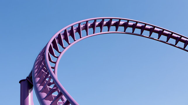 Dynamic Purple Roller Coaster Track Loop Against Clear Blue Sky - Thrilling Amusement Park Ride Structure Detail, Excitement and Fun