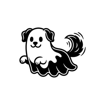 Cute Dog Ghost Flying Vector Illustration - Spooky Halloween Animal Mascot Line Art Icon