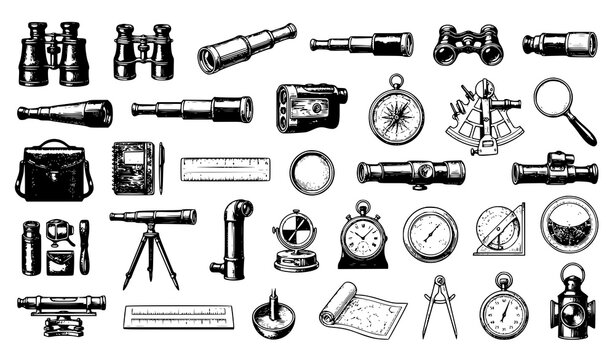 Antique Optical Instruments and Explorer Gear Engraved Vector Set