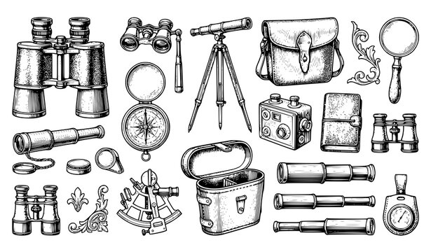 Vintage Engraved Binoculars Spyglass and Optical Equipment Vector Collection