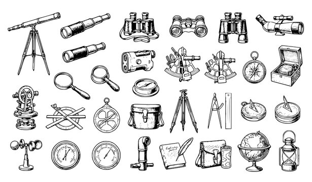 Historic Binoculars and Vintage Optical Equipment Engraved Vector Collection