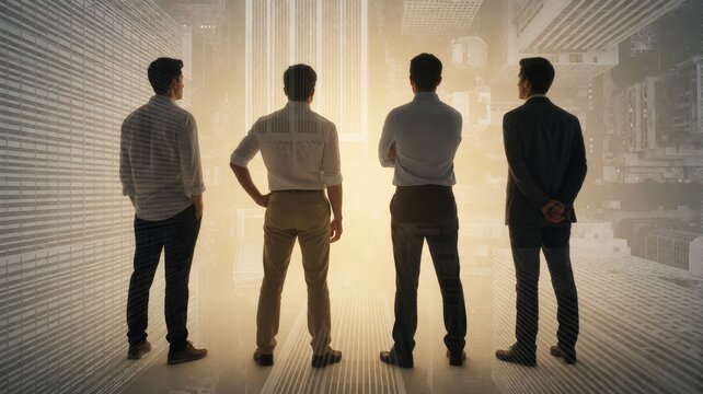 Business Leaders Overlooking Surreal Cityscape