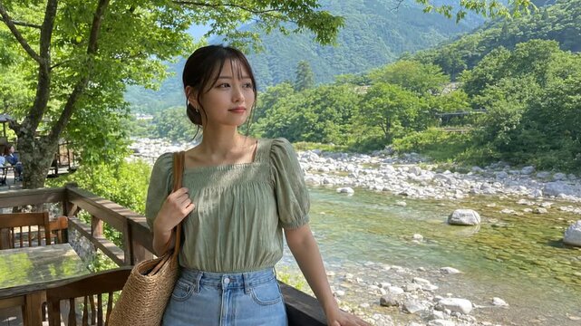 渓流を眺めて振り向き微笑む緑のブラウスの成人女性