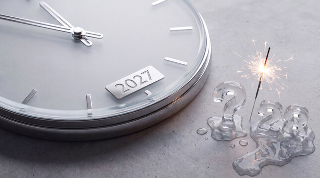 New Year 2027 countdown clock with burning sparkler and melting ice numbers on a gray surface