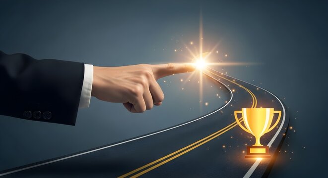 Business person pointing towards a golden trophy on a road representing success and achievement