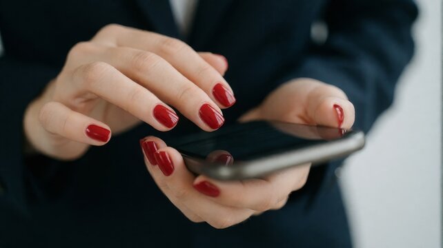 Businesswoman Using Smartphone with Red Manicure