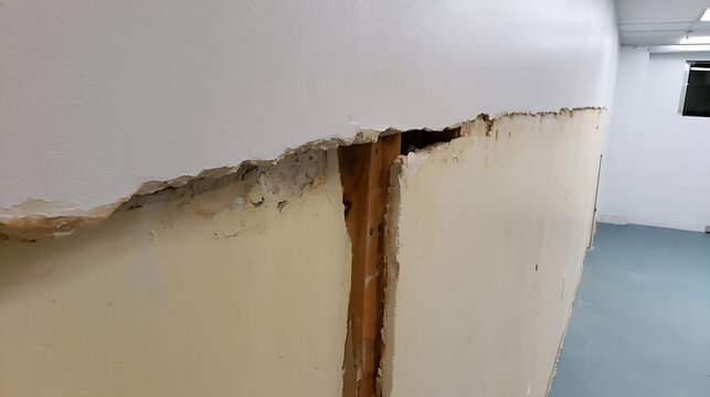 Damaged drywall with exposed framing in a renovation or repair project, showing the need for construction and restoration work