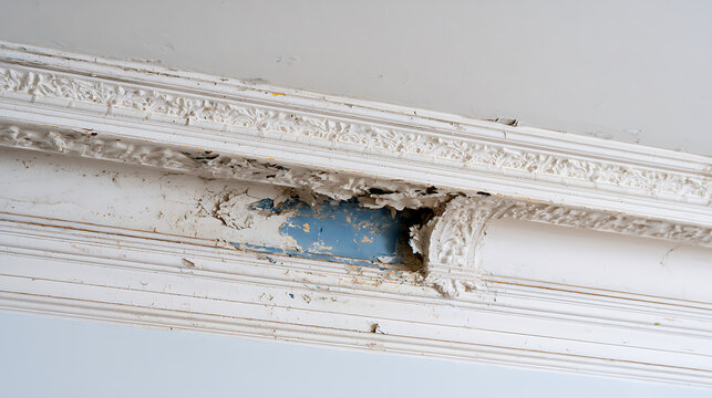 Damaged ornate ceiling cornice with peeling paint and visible blue substrate, indicating water damage and neglect in an old building interior