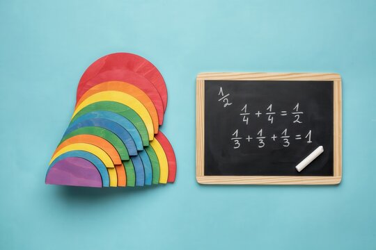 Colorful math fractions on wooden circles and chalkboard with equations for education concept
