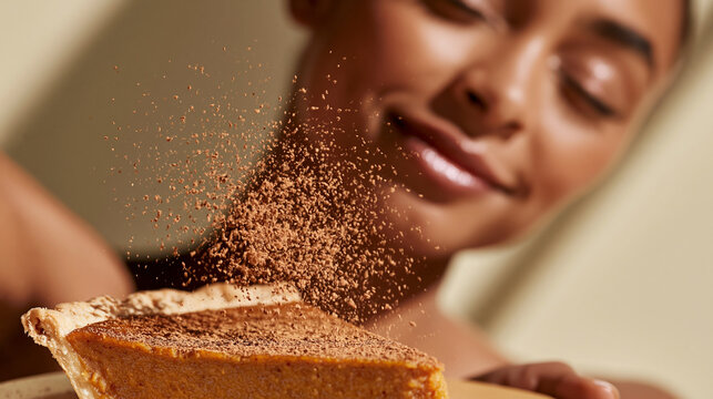 Close up of dusting cinnamon powder on pumpkin pie slice with smiling woman in background