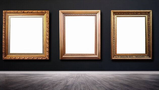 art fair gallery featuring antique frames on a black wall with blank white space for mockup design