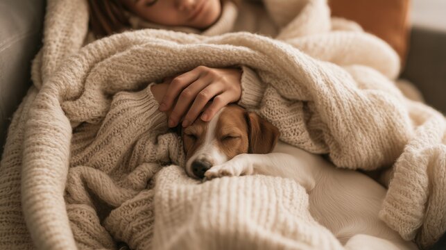 Person relaxing under a soft blanket with a sleeping dog on the sofa. Cozy home atmosphere, warm sunlight and peaceful weekend mood. Perfect for International Dog Day and relaxation themes.