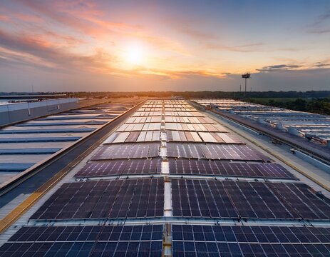 top view solar cell on warehouse factory solor photo voltaic panels system power or solar cell on industrial building roof for producing green ecological electricity production of renewable energy