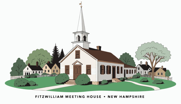 Very beautiful realistic vector illustration of the historic Fitzwilliam Meeting House, featuring a bold caption reading "FITZWILLIAM MEETING HOUSE &bull; NEW HAMPSHIRE", classic New England church archite