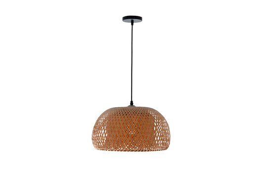 Modern bamboo pendant light with woven wicker dome shade isolated on white background