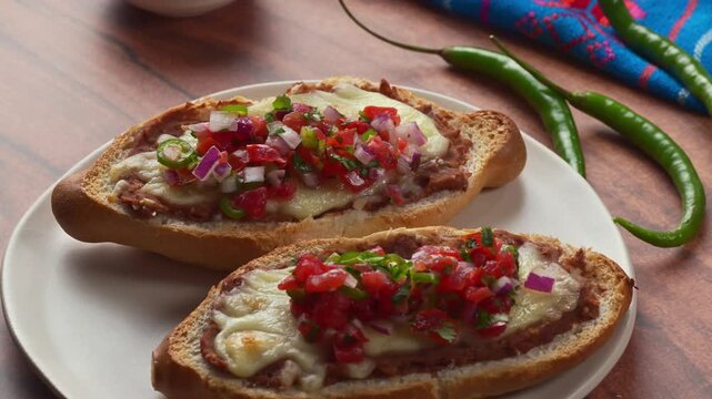 Authentic Mexican Molletes with melted cheese and fresh pico de gallo salsa