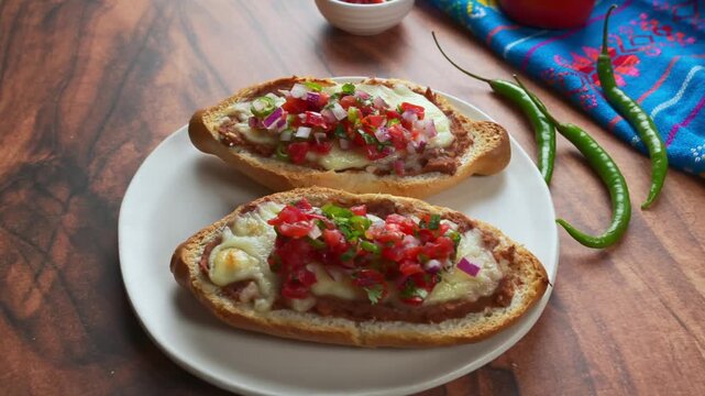 Mexican Molletes on artisan bread with cheese and pico de gallo