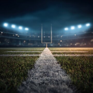 Nighttime view of an illuminated American football field with glowing goalposts and a clear white line stretching through the green grass in a large stadium setting