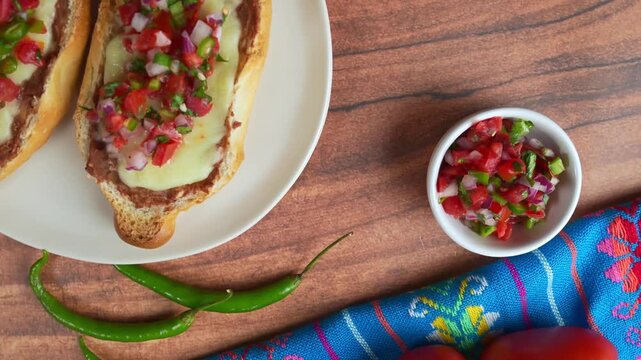Mexican Street Style Molletes with fresh salsa topping. Overhead view