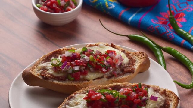 Open-Faced Mexican bread with refried beans, cheese and pico de gallo