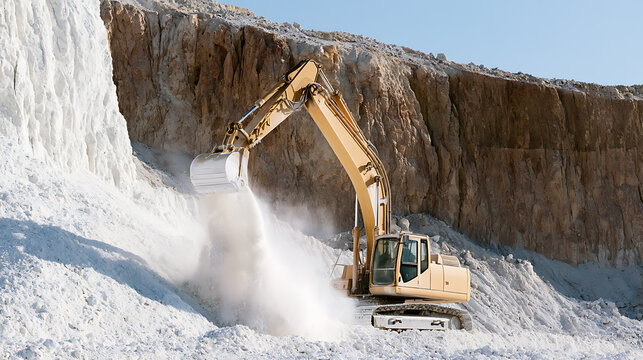 Industrial Excavator Machine Work in White Quarry with Dust Rising, Heavy Construction Equipment on Site, Mining Operation Landscape
