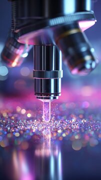 Modern laboratory microscope lens focusing on sparkling particles with vibrant purple and blue lighting effects creating a futuristic scientific atmosphere