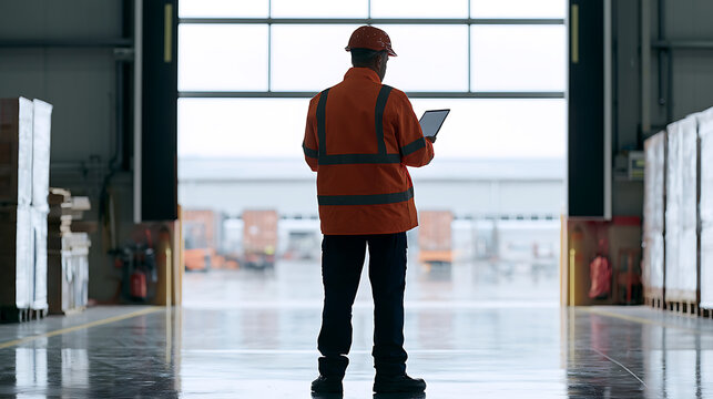 Rear view of a warehouse worker in a safety vest and hard hat, hold a digital tablet, standing near an open loading dock with trucks outside
