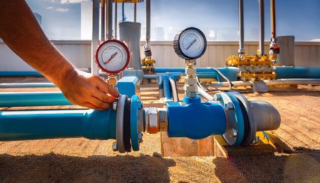 testing backflow preventer at a construction site with focus on valves and pressure gauge showing readings
