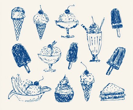 Hand drawn ice cream set, collection of various frozen desserts and sundaes in blue sketch style