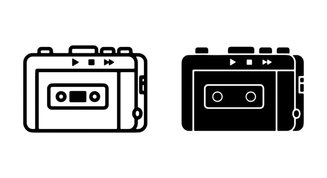 Retro Cassette Player Icons, Portable Audio Device Vector Graphics, Vintage Music Player Symbols