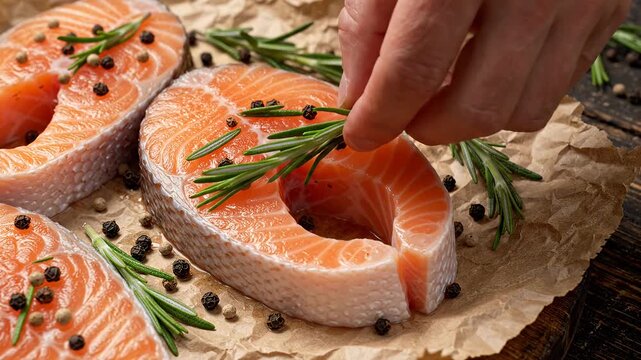 Raw salmon fillets with rosemary and peppercorns.