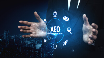Obraz premium Businessman presenting digital concepts of answer engine optimization with futuristic icons on a glowing interface against a city skyline backdrop Fluxor.