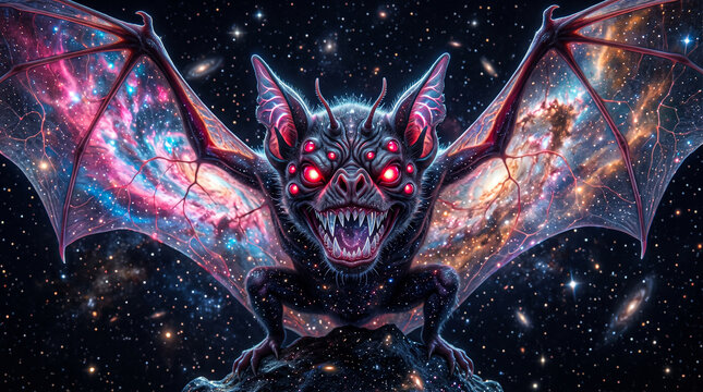 Cosmic alien bat creature with glowing red eyes and wings reflecting a colorful galaxy nebula