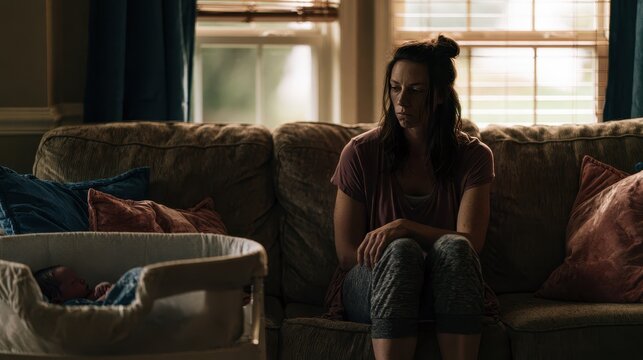 Exhausted Mother Sitting Beside Sleeping Baby Struggling with Postpartum Depression and Emotional Burnout