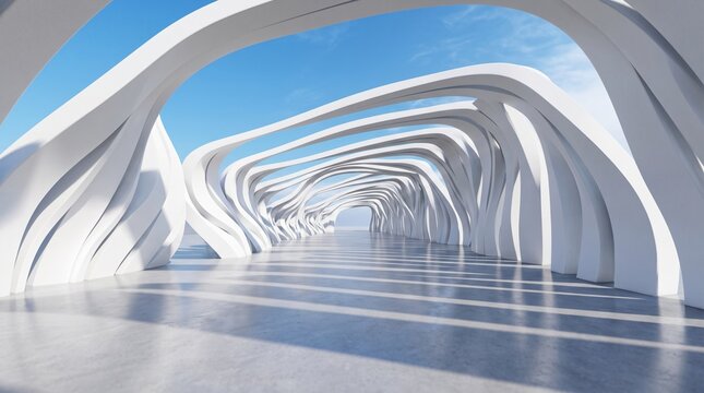 Modern minimalist 3D render background of a futuristic corridor with white curved parametric concrete walls and blue sky
